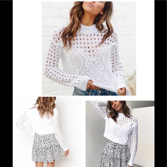 5⭐️ Boho White Crop Knit Pom Pom - Picture 4 of 7